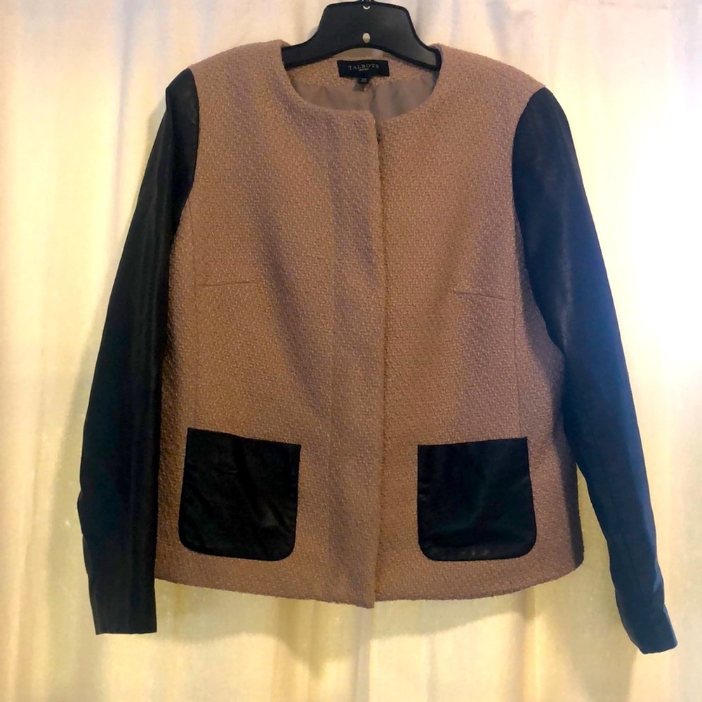 Talbots Tan Tweed Jacket with faux leather sleeves and pockets, size 12P